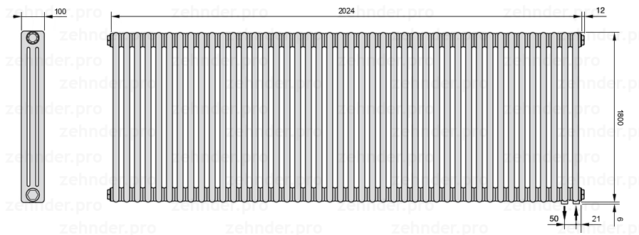 Схема (чертеж) Радиатор Zehnder Charleston 3180/44 №5510 Technoline TL